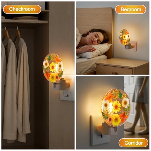 Image of Glooglitter Pressed Flower Night Light Plug in-Handmade Dried Floral Wall Night Light, Soft Glow Decorative Nightlight for Hallway Bedroom Nursery Bathroom, Vintage Botanical(Orange,Flower)