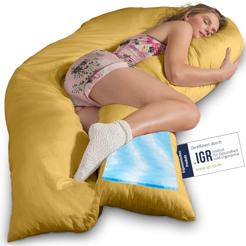 Traumreiter Seitenschläferkissen Visco XXL mit Bezug Baumwolle Messing, Hybrid Kissen +1cm Memory Foam Schwangerschaftskissen U Form Gel Body Pillow Komfortkissen Ergonomie Zertifiziert