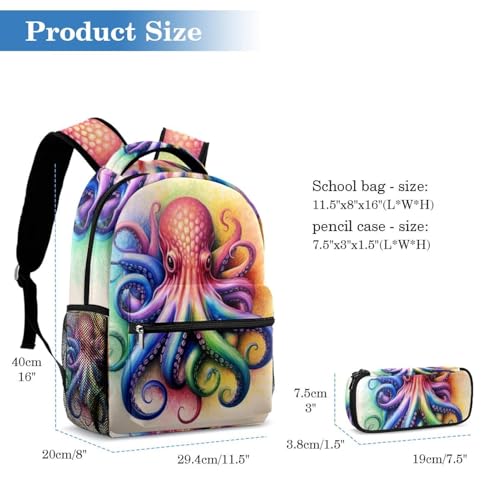 Sac à dos rétro multicolore pieuvre Deep Ocean avec trousse pour l'école et voyage - 2