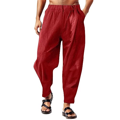 Men's Casual Linen Solid Color Pants, Summer Beach Cotton Breathable Lightweight Pants Loose Fit Drawstring with Pockets