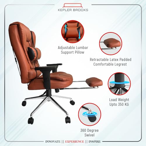 Image of Kepler Brooks Italia Pro Premium Leatherette Office Chair for Work | 3-Year Warranty | Boss Chair for Office, Ergonomic Chair, 2D Adjustable Arms, Lumbar Support, Legrest, Heavy Duty Metal Base (Tan)