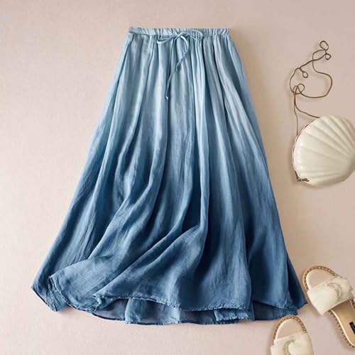 Flowing Skirts Women's Summer Casual Solid Color Linen A-Line Elastic Waist Skirt Pleated Hem Ribbed Waist Knee-Length Skirt2