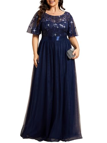 Robe de soirée grande taille marine Ever-Pretty 0904-DA2 en tulle pailleté taille 50