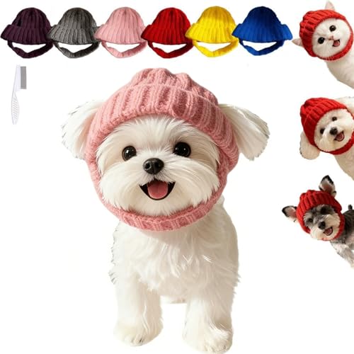 Red Knit Dog Beanie with Ear Flaps & Ear Holes, Wool Knit Winter Dog Hat, Soft Warm Dog Beanie for Small Medium Dogs & Cats, Cozy Windproof Pet Snood for Cold Weather (Pink)