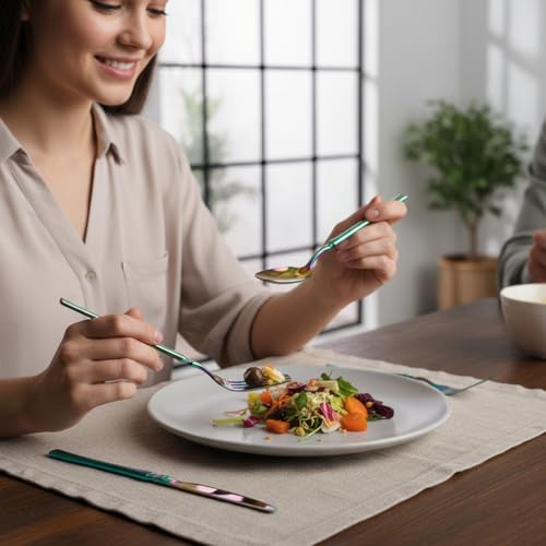 Image of Elegant Handle Rainbow 8 Pcs Stainless Steel Cutlery Set for Dining Table, Dishwasher Safe Glossy Flatware (2 Spoon Set+2 Forks Set+2 Butter Knife+2 Dessert Spoon)