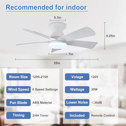 Image of Depuley White Ceiling Fans with Lights: 5 Blade Modern Flush Mount Low Profile Ceiling Fan for Bedroom Porch - 35 Inch Indoor Outdoor Ceiling Fan with Remote Control Dimmable Quiet Timer - 2 Packs