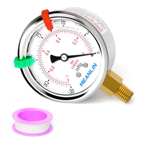 Image of MEANLIN MEASURE -30inHG~0Psi Vacuum Pressure Gauge 1 /8 inch NPT 2.5 inch FACE DIAL, Stainless Steel Liquid Filled Pressure Gauge WOG Water Oil Air Lower Mount (with 2PCS Snaps)