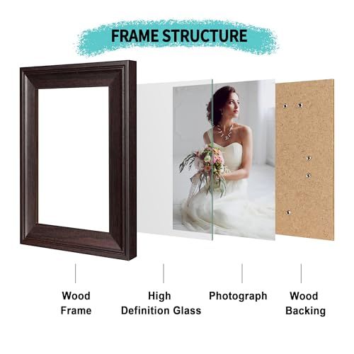 Image of iRahmen 4x6 Picture Frame Set of 4, Dark Brown Rustic Retro Photo Frame with Real Glass, Wood Farmhouse Style 4 x 6 Picture Frames for Wall Mount and Tabletop Display