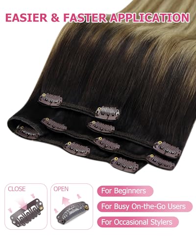 Image of YoungSee 135g Clip in Human Hair Extensions Balayage Remy Clip in Hair Extensions Dark Brown Ombre Medium Brown with Blonde Can Be Heat-styled Real Hair Extension Clip ins Human Hair 18 Inch 7pcs