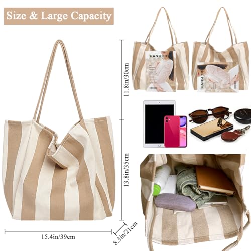Image of Striped Canvas Tote Handbag for Women Vertical Stripe Large Capacity Shoulder Bag for Shopping Travel