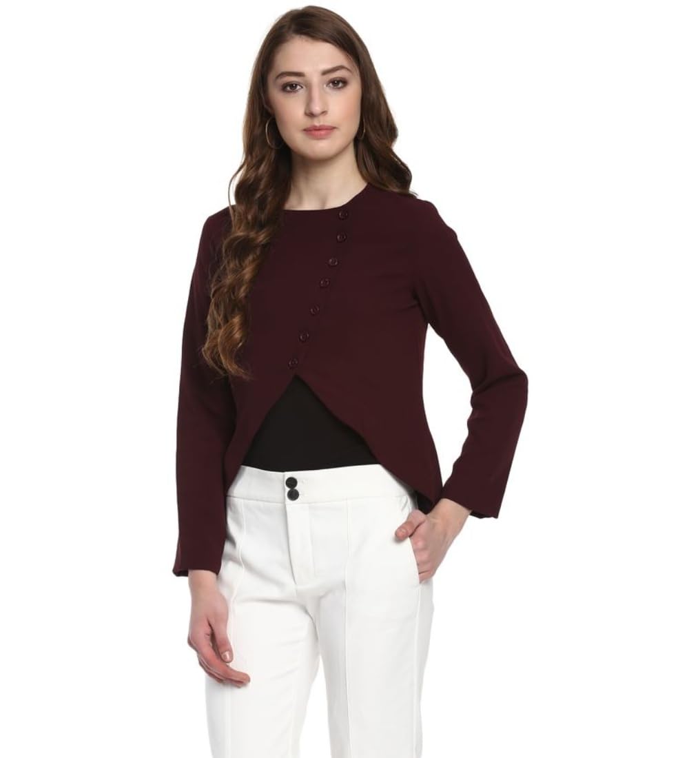 Women's Polyester Diagonal Cut Long Sleeves Blazer (Maroon, L)-PID65321-image-26