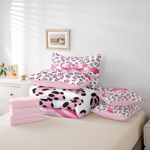Image of Castle Fairy Pink Bow Knot Bedding Sets with Sheets,Comforter,Pillowcases,Pillow Covers 7 Pcs King Size Bowknot Ribbon Girly Romantic Comforter Set Pink Black Leopard Print Decor Bedroom Dorm Bed Set