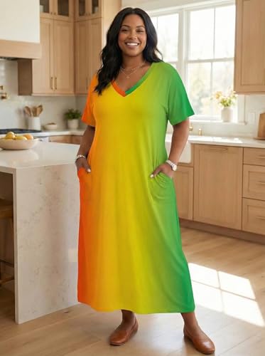 Image of SUZONANA Plus Size Maxi Dresses for Women Gradient Ombre Short Sleeve Oversized T-Shirt Casual Loose Summer Beach Resort Sundress