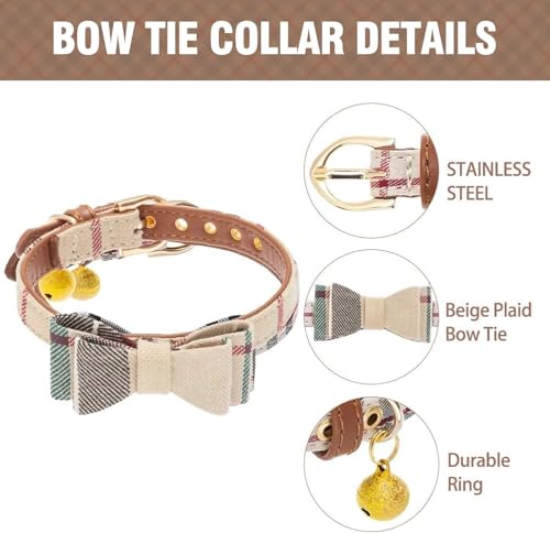 Dog Collar and Leash with Bow Tie for Small Dogs - Puppy Leash Collars Classic Beige Plaid Adjustable Size with Golden Bell, Perfect for Small Breeds and Boys