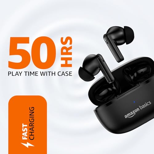 Image of Amazon Basics True Wireless in-Ear Earbuds with Mic, 10MM Dual Drivers, Touch Control, IPX5 Sweat & Water Resistant, Bluetooth 5.1, Up to 50 Hours Play Time, Type-C Fast Charging (Black)