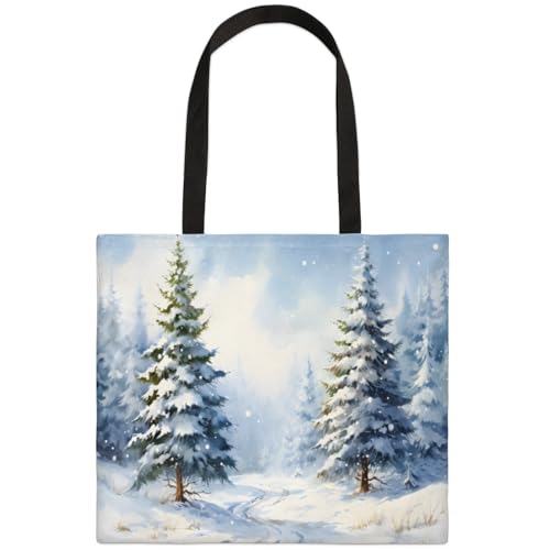 Mularoka Snow Woods Square Canvas Tote Bag Top Handle Purses Stylish Women Canvas Shoulder Tote Bags Reusable Handbags for Work Travel Picnic Beach Shopping Gym Hiking