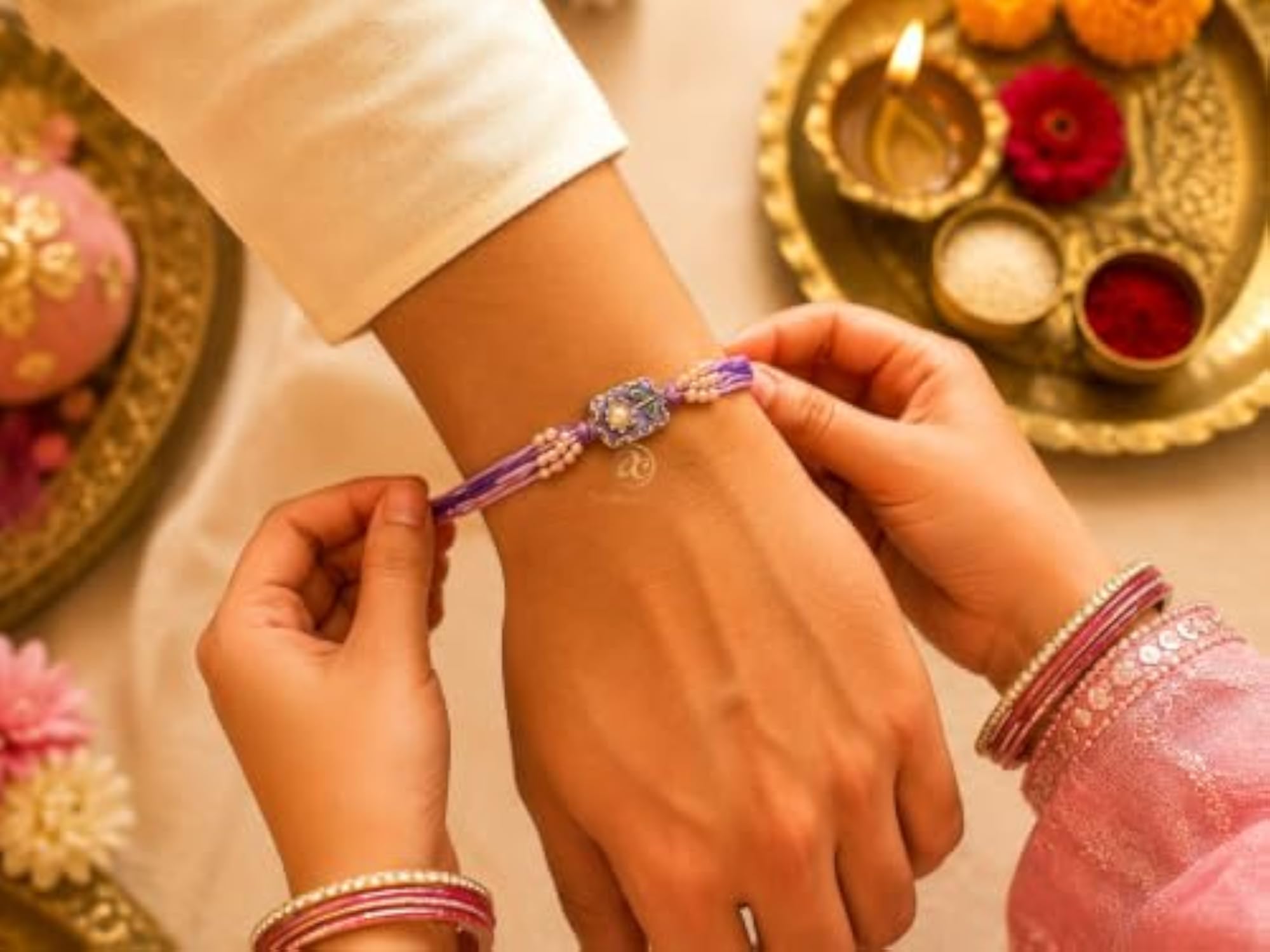 Minimalist Floral Pearl Rakhi Set for Brother & Kids
