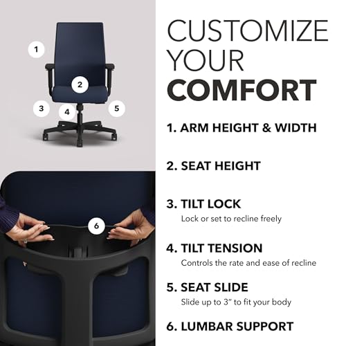 Image of HON Ignition 2.0 Mid Back Task Chair, Spectrum Mesh, Standard Synchro-Tilt Control, Office Chair with Lumbar Support, Height and Width Adjustable Arms, Black Frame, Blueberry