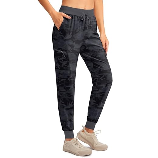 YYV Women's Hiking Pants Lightweight Quick Dry Cargo Joggers Waterproof for Women Travel Walk with Zipper Pockets (Black Camo Large)