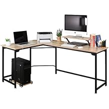 L-Shaped Computer Study Corner Desk with Monitor Stand Shelf CPU Stand, PC Laptop Gaming Desk 66 Workstation for Home Office Writing Table, Wood & Metal, Space-Saving