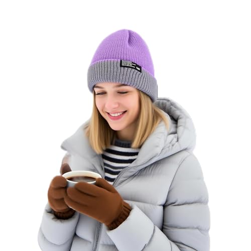 Gorro de malha canelada para homens e mulheres com punho boné de inverno elástico para clima frio viagem ao ar livre, Roxa, M