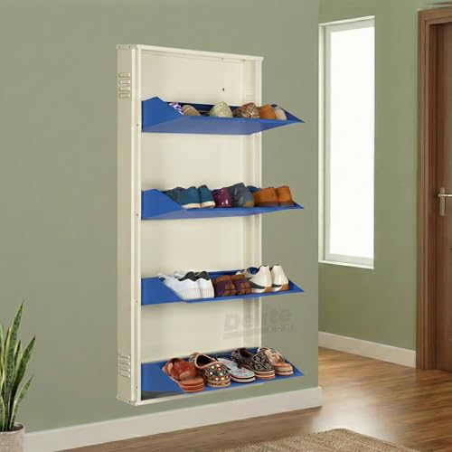 Image of DELITE KOM 24 Inch Wide, 4 Shelf Metal Shoe Rack Wall Mounted for Home with Central Lock | Holds Upto 12 Shoes or 20 Slippers Pair | 1 Year Warranty | (54 x 24 x 5 Inch, Ivory Blue) DIY Space Saving