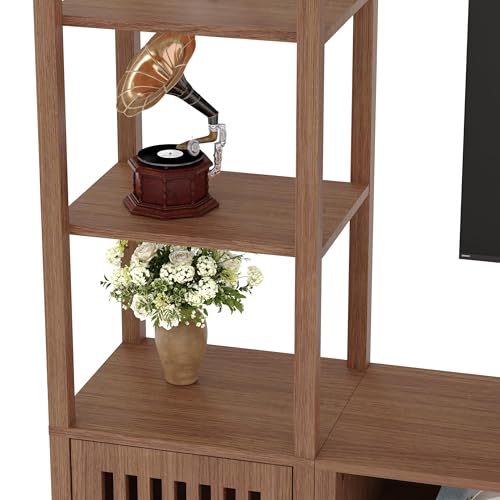 Image of Farmhouse Rustic TV Stand for TVs Up to 70 Inch, Entertainment Center with Bookshelves & Storage Cabinet, Multi-Purpose Media Console for Living Room or Bedroom