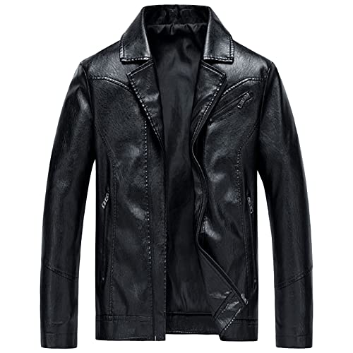 Maiyifu-GJ Men's PU Faux Leather Jacket Notch Lapel Slim Fit Zip Up Biker Jacket Vintage Moto Lightweight Outwear Coat (Black,XX-Large)