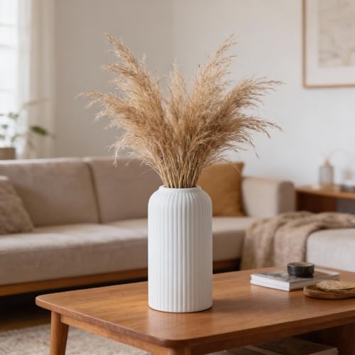 Image of White Ribbed Ceramic Flower Vase 6 Inch Matte Pampas Grass & Dried Flower Vase for Home & Office Table Decor Decorative Centerpiece Gift - Vase Only