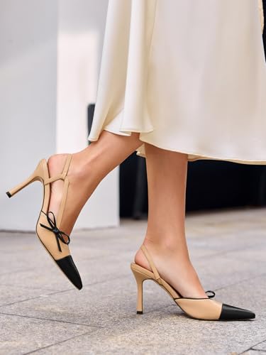 Coutgo Womens Slingback High Heels Bow Tie Closed Pointed Toe Sexy Stiletto Two Tone Dress Pumps Shoes2