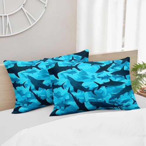 Image of AILONEN Blue Shark Queen Comforter Set, Ocean Camouflage Artwork Home Ensemble, 3 Piece Microfiber Down Alternative Fill for Couples Family Guests