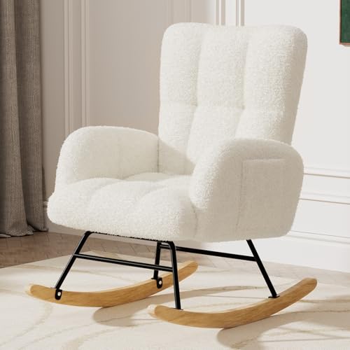 Image of LUCKLIFE Rocking Chair Nursery,Teddy Upholstered Glider Rocker Chair with High Backrest,Reading Chair Modern Rocking Accent Chairs with Side Pockets for Living Room,Bedroom (Without Ottoman, White)