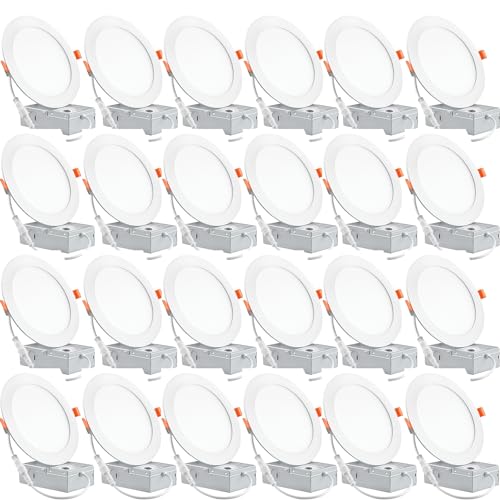 CODAFUL 24 Pack 6 Inch Ultra-Thin LED Recessed Ceiling Light with Junction Box, 6000K Can Lights, 12W 110W Eqv, recessed Lighting 6 inch led Lights, 1050LM High Brightness LED Lights (6 Inch-24Pack)