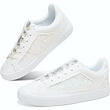Obtaom Women Glitter Sneakers Sparkly Sequin Canvas Fashion Sneakers Comfortable Lace Up Shiny Bling Shoes for Wedding Party(White Glitter Canvas,US8)