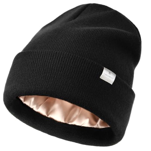 YANIBEST Womens Satin Lined Knit Beanie Hat Acrylic Winter Hats for Women Men Silk Lining Soft Slouchy Warm Cuffed Beanie Hat Black