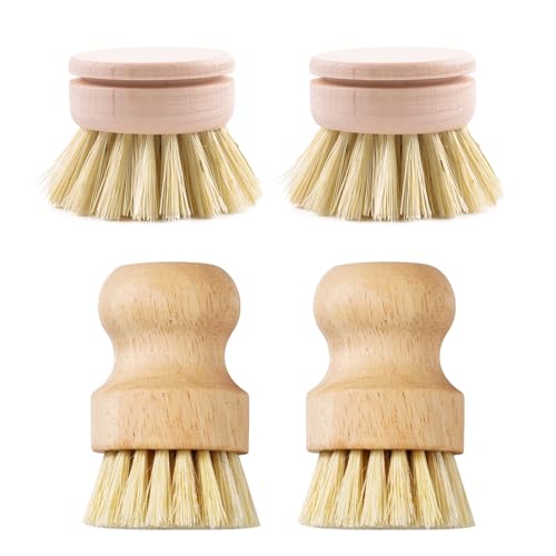 Pack of 4 Mushroom Brush, Interchangeable Dish Brush, Wood, Round, Vegetable Brush, Soft Potato Brush, Cleaning for Washing Dishes, Pots, Gentle Cleaning of Vegetables