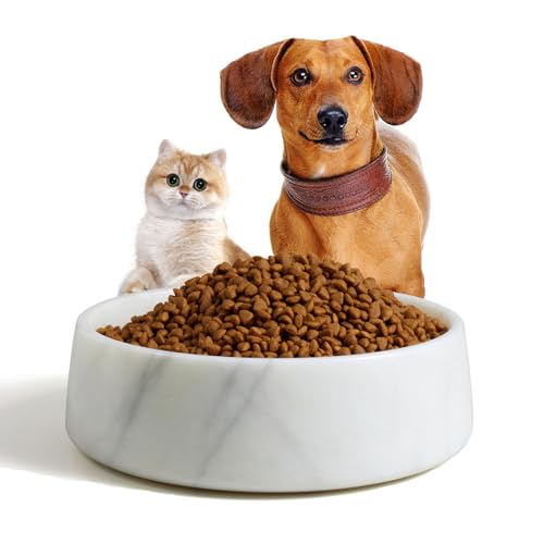SAMAH White Marble Dog Bowl, Non-Slip Dog Food Water Bowl, Small Weighted Stone Dish, Natural Marble Heavy Pet Bowl, Easy to Clean, Gifts for Cat Lovers, Perfect Cat Dog Gifts, Holds 4 Cups(5 lbs)