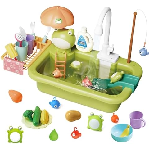 TuiVeSafu Play Sink with Running Water, Toddler Sink Toy with Automatic Water Cycle System ＆ Play Food, Pool Floating Fishing Game, Role Play Pretend Dishwasher Toy Gift for Boys Girls Cover