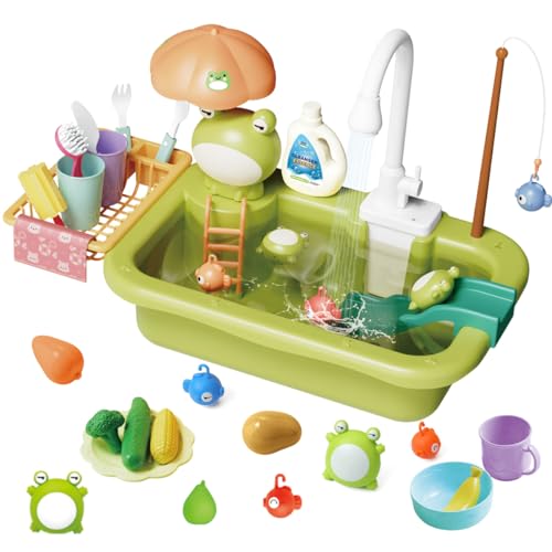 TuiVeSafu Play Sink with Running Water, Toddler Sink Toy with Automatic Water Cycle System ? Play Food, Pool Floating Fishing Game, Role Play Pretend Dishwasher Toy Gift for Boys Girls