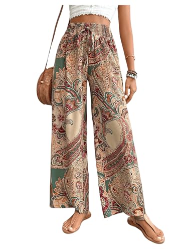 Floerns Women's Boho Allover Print Elastic Waist Belted Wide Leg Pants