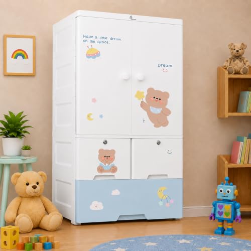 Image of Kids Plastic Collapsible Wardrobe Organizer for Storage with Drawers | Cute Cartoon Design | Heavy Duty Runner Rug Floor Mat Carpets Organizer Bedroom, Living Room (Sj-Bear, 1+3-Door)
