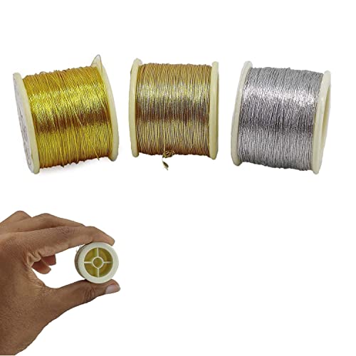 Image of Zari Metallic Threads 0.1 MM (3 Rolls) Gold + Antique Gold + Silver Color for Aari Work Embroidery Sewing Garment Needlework Crafts