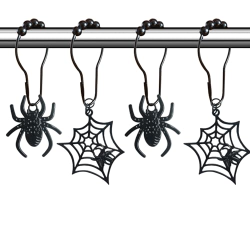 Black Spider Shower Curtain Hooks Gothic Shower Hooks for Shower Curtain Liner Metal Shower Rings Decorative Shower Curtain Set Accessory Unique Chic Halloween Theme Bathroom Decor (Spider Web)