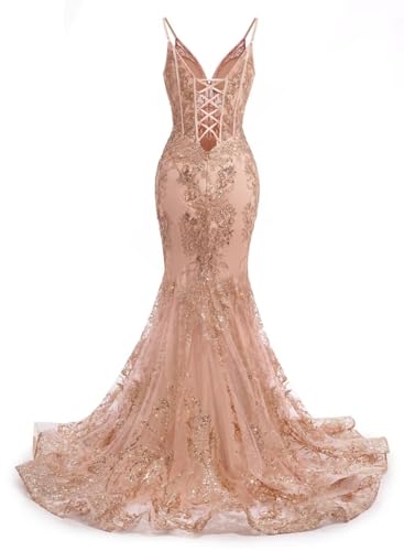 Raseal Women's Spaghetti Straps Tulle Prom Dresses Long Appliques Lace Glitter Mermaid Evening Party Dress RS0822