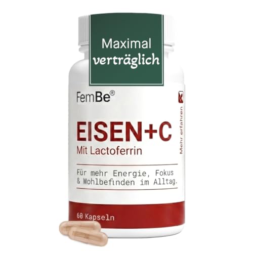 Magenfreundliche Eisentabletten für Frauen mit Lactoferrin & 142 mg Vitamin C Effektiv & Bioverfügbar Vegetarisch ohne Zusätze Eisen-Bisglycinat & Natürliches Vitamin C 60 Kapseln