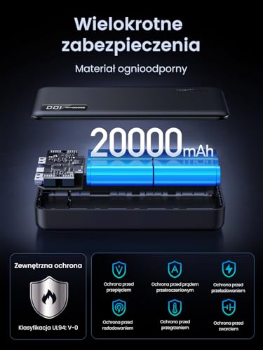 UGREEN Power Bank 20.000mAh 22.5W, Zewnętrzny bank energii z wejściem i wyjściem USB C PD 20W Powerbank z cyfrowym wyświetlaczem, kompatybilny z iPhone 15 Pro/Pro Max/15/14, Galaxy S24 Ultra innymi.