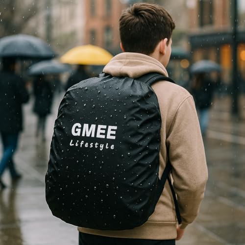Image of Nylon Gmee Rain Bag Cover 100% Waterproof for Backpack | Rain & Dust Proof with Cary Pouch Hiking Camping Trekking & Traveling | Capacity 35L to 65L for Laptop, School, Luggage Bags (Black-1)