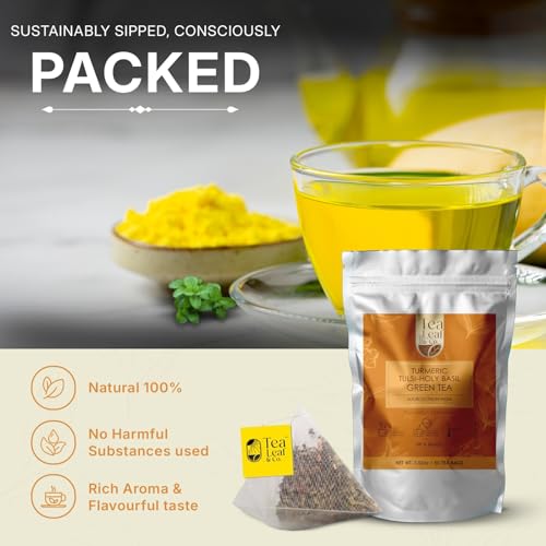 Image of Turmeric Tulsi Tea Bags (50 Count), Green Tea with Turmeric & Peppermint, Stress Relieving, Low Caffeine Gluten Free, Whole Loose-Leaf Pyramid Tea Bags