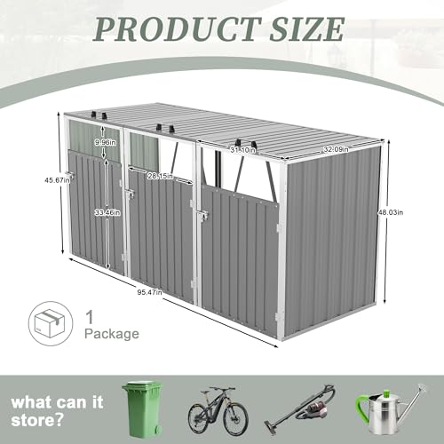 Image of KEIKI 3-Bin Outdoor Trash Can Storage Shed, 83 Cu.Ft Metal Garbage Bin Enclosure with Lift-Up Lid & Lockable Double Doors, Weather-Resistant Heavy-Duty Patio Garden Shed, Light Gray