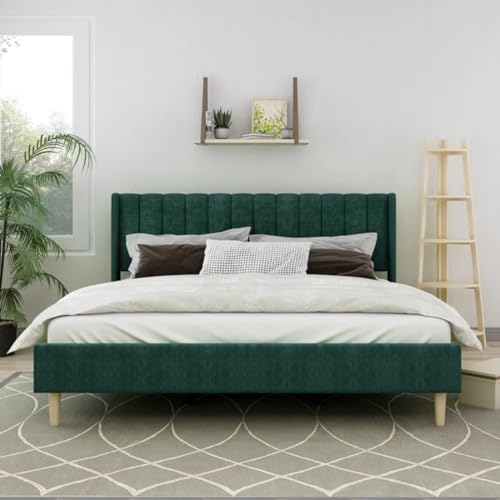 Image of Low Profile Upholstered Platform Bed with Winback Headboard | Bed Queen Size | Bed for Bedroom, Living Room | Bed Without Storage | Mattress not Included | Fabric Color:- Green